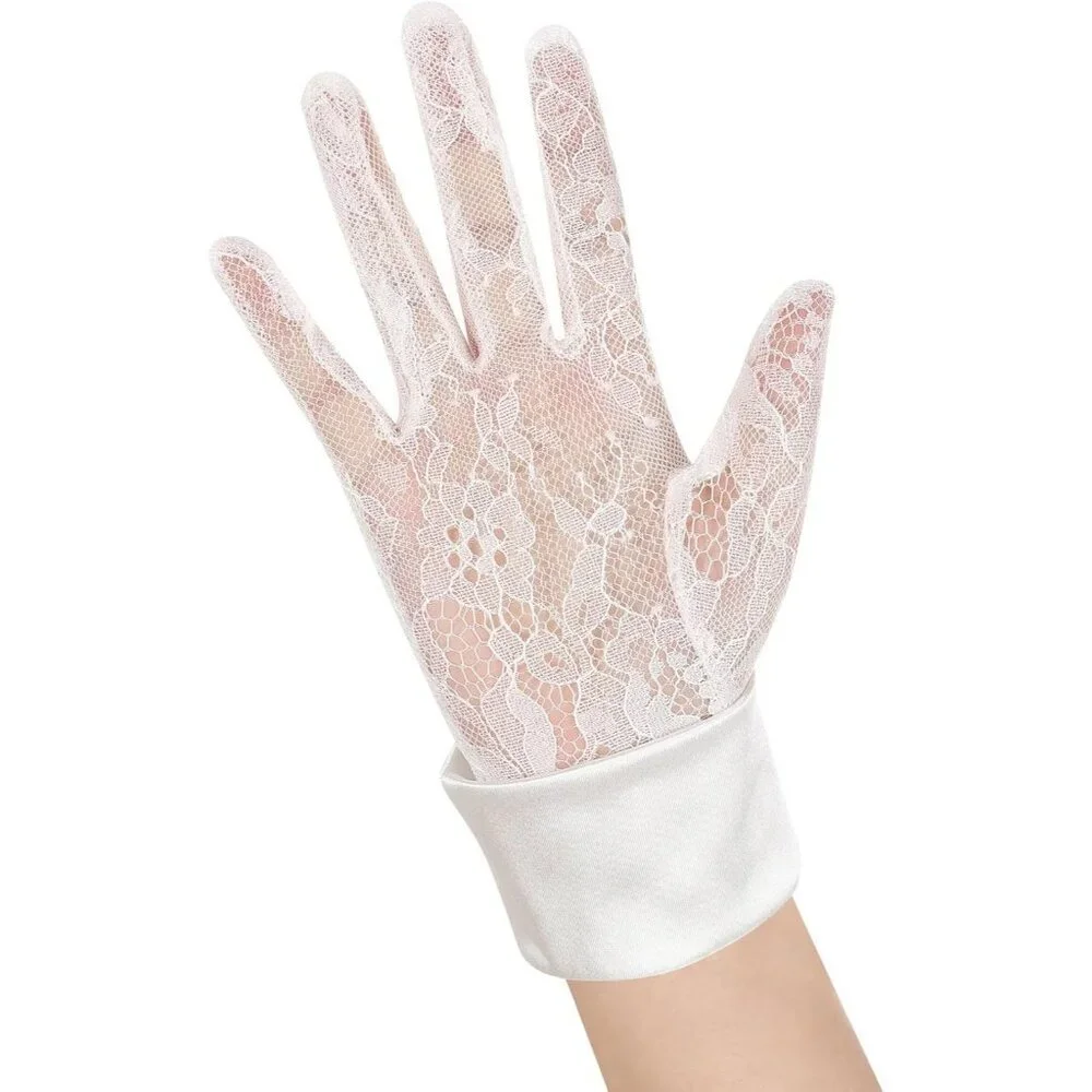 Women's Lvory 02 Floral Short Length Lace Tulle Mesh Wrist Wedding Party Gloves
